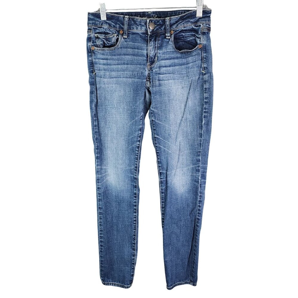 Womens American Eagle Skinny Denim Blue Jeans Long Super Stretch Size 6 Long